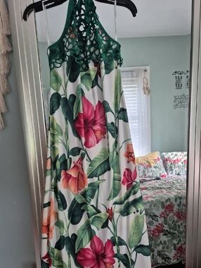 VENUS White Maxi Dress with Green Lattice Top and Pink & Orange Floral Print
